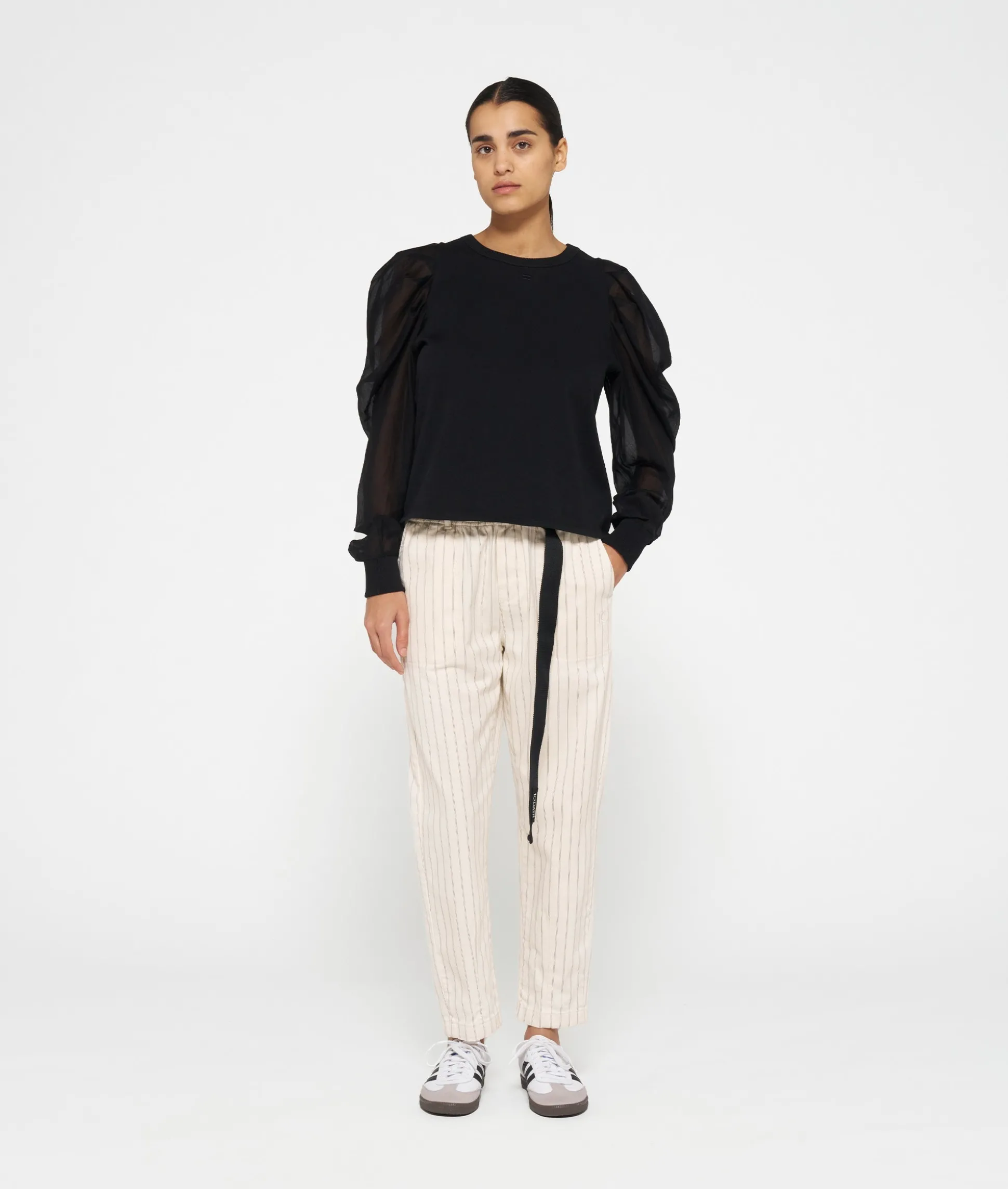 belted pants pinstripe
